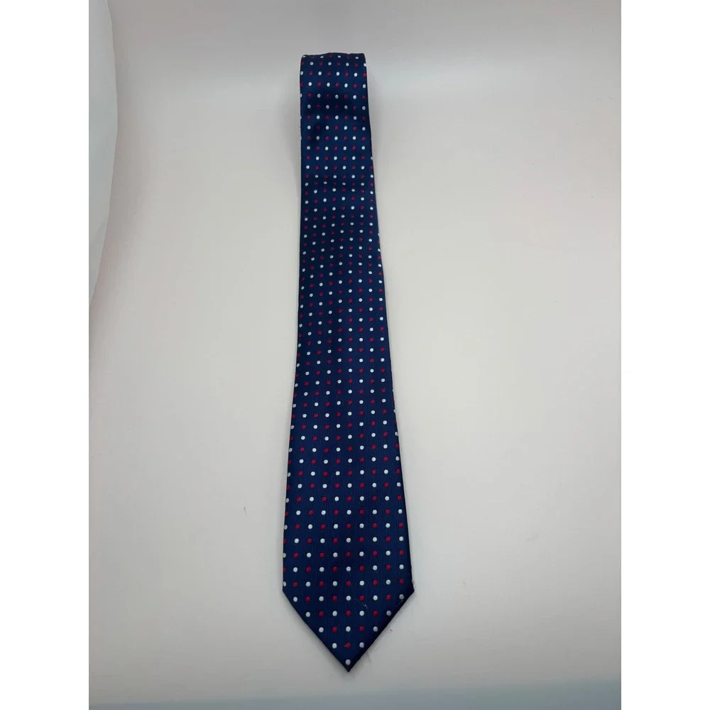 US Polo Assn Mens Navy Blue Red White Polka Dot Necktie Handmade Polyester